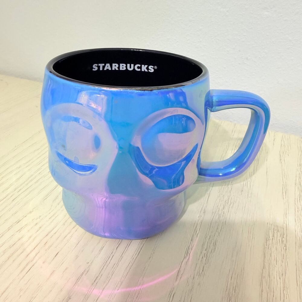 Starbucks 2025 Halloween Iridescent Blue 3-D Skull Ceramic Mug Cup 14 oz